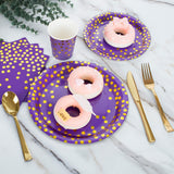 HOMIX Purple and Gold Party Supplies 175 Pieces Disposable Purple Paper Plates Napkins Cups, Gold Plastic Forks Knives Spoons for Mardi Gras, Birthday Decor, Cocktail Party