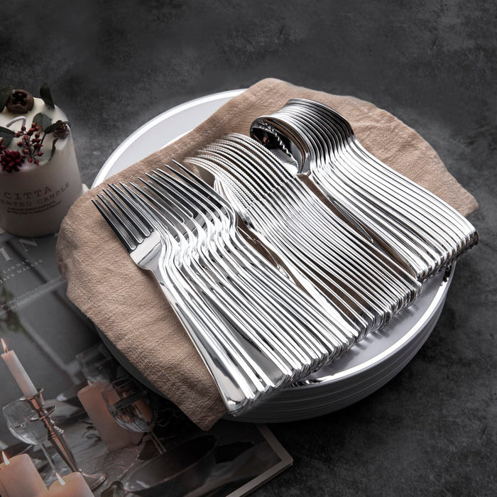 WDF 300 Pieces Silver Plastic Silverware - Plastic Silverware- Plastic Silverware Heavy Duty - 100 Forks 100 Knives 100 Spoons - Disposable Silver Plastic Cutlery Perfect for Party/Wedding/Christmas