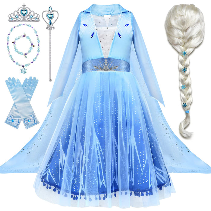 Tacobear 10Pcs Frozen Elsa Costume Dress For Girls Kids Toddler Princess Dress Up Clothes For Little Girls With Elsa Accessories Gloves Crown Wands Wig Necklace For 7-8T Kids Christmas Birthday Party