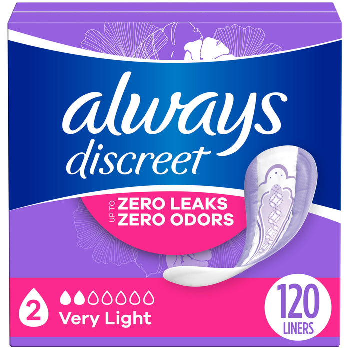 Always Discreet Adult Incontinence & Postpartum Liners for Women, Size 2, Very Light Absorbency, Regular Length, 120 Count (Packaging may vary)