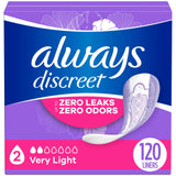 Always Discreet Adult Incontinence & Postpartum Liners for Women, Size 2, Very Light Absorbency, Regular Length, 120 Count (Packaging may vary)