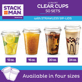 12 oz Clear Plastic Cups with Strawless Sip-Lids [50 Sets] PET Crystal Clear Disposable 16oz Plastic Cups with Lids - Crystal Clear, Durable Cup - BPA Free + Crack Resistant, for Coffee, Juice, Shakes