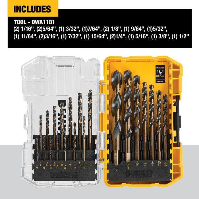 DEWALT Drill Bit Set, 21-Piece, 135 Degree Split Point, 31 Degree Helix, Black Oxide Coated, For Plastic, Wood and Metal (DWA1181)