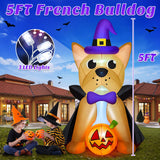 MICOCAH 5 FT Outdoor Halloween Inflatables French Bulldog Wearing Witch Hat & Vampire Cloak Holding Pumpkin, Built-in LEDs Inflatable Dog Halloween Blow Up Decorations for Yard Indoor Party Garden