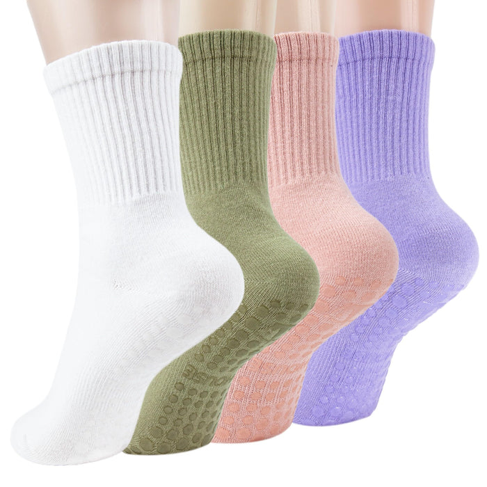 Ivyhouse Pilates Grippy Socks with Grips on Bottom for Women Elderly, Yoga Non Slip Long Socks for Pure Barre Ballet Dance Workout, 4 Packs, White, Green, Pink, Purple