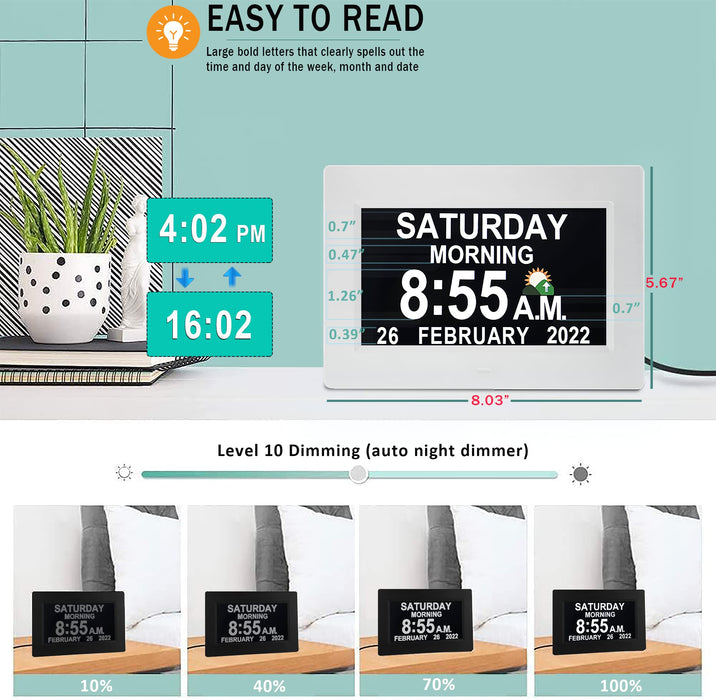 【2024 New】 19 Alarms Digital Clock with Auto DST, Sun Moon Icons, 20 Custom Reminders, 10-Level Auto Dimmer, 6 Display Modes, Day Date Calendar Clock for Seniors Dementia Alzheimers'- 7" with Remote