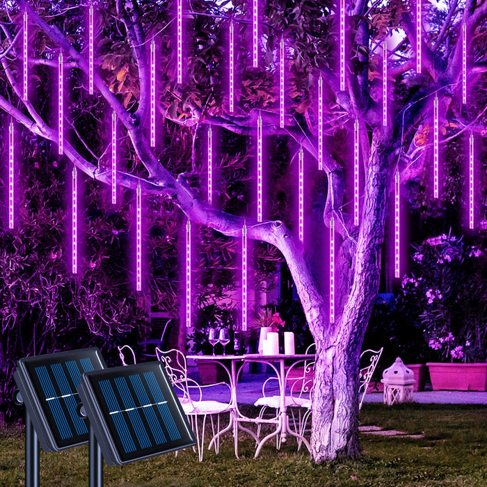 JMEXSUSS 2 Pack Purple Solar Halloween Lights, 16 Tube 288 LED Solar Meteor Shower Rain Lights, Solar Christmas Lights Outdoor Waterproof for Tree Halloween Christmas Decorations