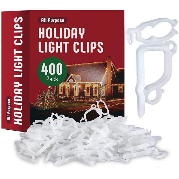 SEWANTA All-Purpose Light Clips Holder - Set of 400 Christmas light hooks - Mount holiday lights to shingles and gutters - works with Rope, Mini, c-7-6-9, icicle lights - USA made - No tools required