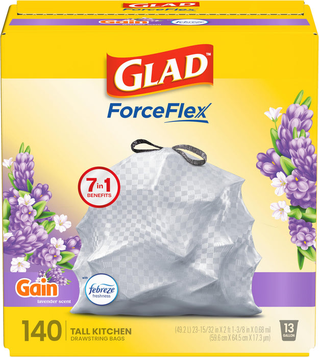 Glad ForceFlex Tall Kitchen Trash Bags, 13 Gallon, Gain Lavender, 140 Count (Package May Vary)