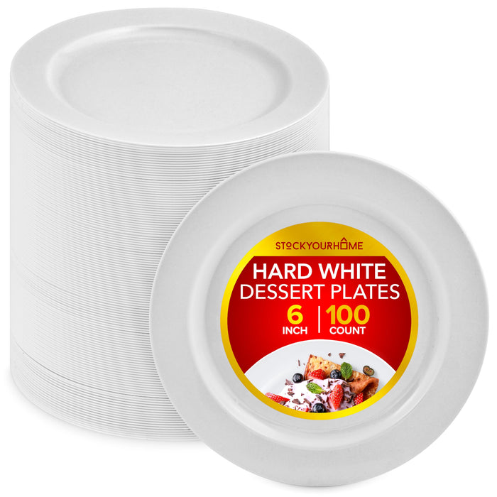 Stock Your Home 100 Count Premium White Plastic Plates, 6 Inch White Disposable Wedding Cake Plates, Heavy Duty Plastic Dessert Plates, Cocktail Appetizer Plates for Christmas Dinner Parties