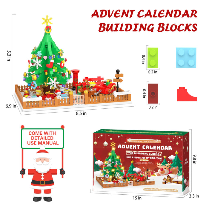 Advent Calendar 2024 Christmas Tree and Scene Toy Building Sets with LED Light, 24 Days 828 Pieces Christmas Countdown Calendar Building Blocks Christmas Gifts for Adults Kids Ages 6+