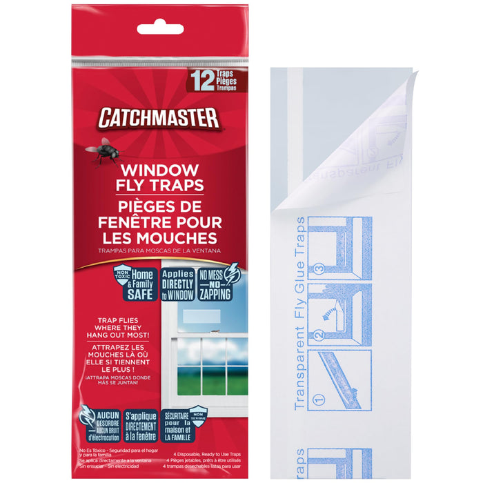 Window Fly Traps by Catchmaster - 12 Count, Ready to Use Indoors. Insect, Bugs, Fly & Fruit Fly Glue Adhesive Sticky Paper - Waterproof Easy Application Ready Disposable Non-Toxic