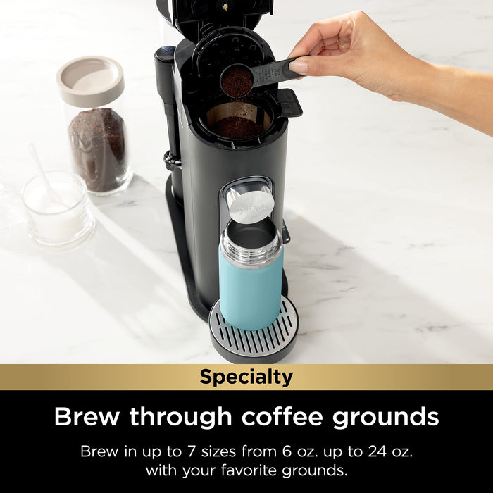 Ninja Pod & Grounds Specialty Single-Serve Coffee Maker, K-Cup Pod Compatible, Brews Grounds, Compact Design, Built-In Milk Frother, 56-oz. Reservoir, 6-oz. Cup to 24-oz. Mug Sizes, Black, PB051