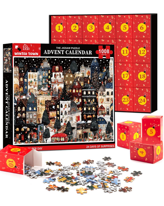 Jigsaw Puzzle Advent Calendar 2024,24 Box Christmas Puzzle for Adult Kids-Winter Town,1008 Piece,19.7 inches x 27.6 inch,Christmas Countdown Calendar Family Puzzle Game