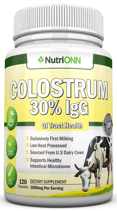 Colostrum - 1000mg - 120 Capsules - 30% IgG - Non-GMO US Dairy - First Milking Bovine Colostrum - Low Heat Processed - Great for GI Tract Health - Immune Support - Bone and Muscle Health