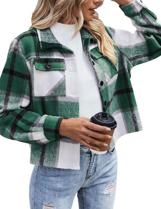 Zeagoo Flannel Cropped Plaid Jacket Womens Loose Button Down Shacket Shirt Trend Christmas Warm Jacket Coats