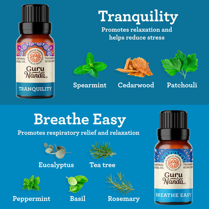 GuruNanda Essential Oil Blends (Set of 6) - 100% Natural Essential Oil Set, Aromatherapy Oil Blends for Diffusers - Breathe Easy, Tranquility, Harmony, Sleep, Relaxation, Immunity