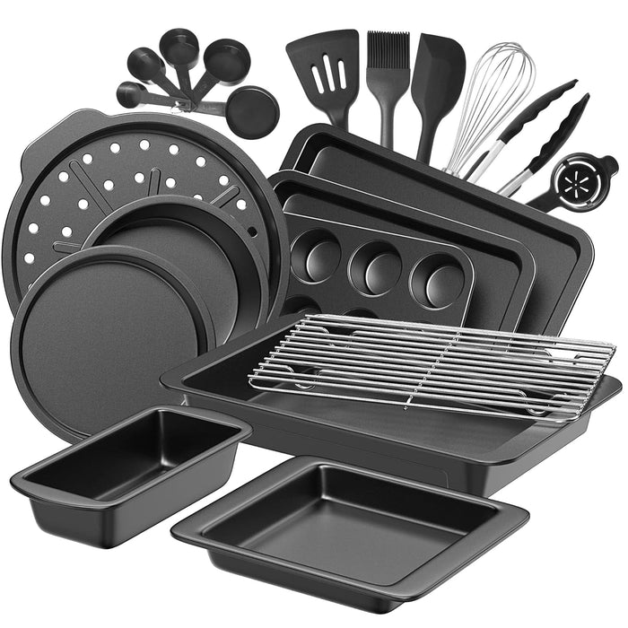 HONGBAKE Bakeware Sets, Baking Pans Set with Kitchen Utensils, Nonstick Oven Pan with Wider Grips, 17 Pieces Including Rack, Cookie Sheet, Cake, Loaf, Muffin, Pizza Pan