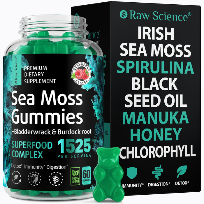 Irish Sea Moss Gummies - Detox & Thyroid Support for Women & Men - Black Seed Oil, Manuka Honey, Fenugreek, Chlorophyll: Immune Support, Immunity Supplement - Burdock Root, Bladderwrack - 60 Gummies