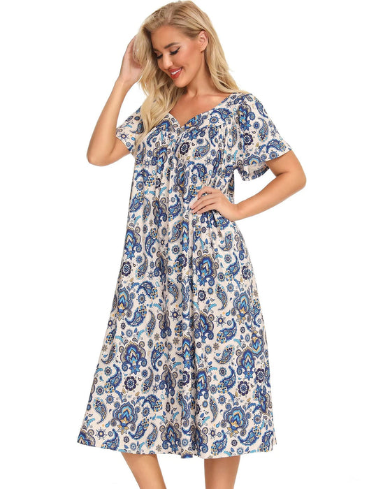 Bloggerlove Cotton House Dress with Pockets Paisley Muumuu Dresses Womens Duster Housecoat Housedresses for Elderly Patio Dress Short Sleeve Sleep Shirts