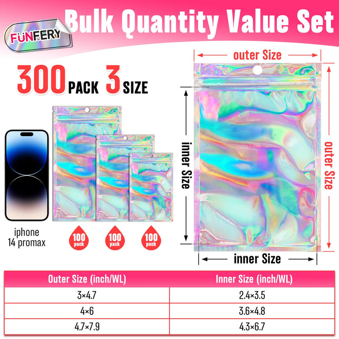 Funfery 300 Pack 3 Size Mylar Holographic Bags with Clear Window,Resealable Bags Smell Proof Bags Ziplock Bags Packaging Pouch for Food Storage,Sample,Small Business(Holographic,3x4.7,4x6,4.7x7.9in)