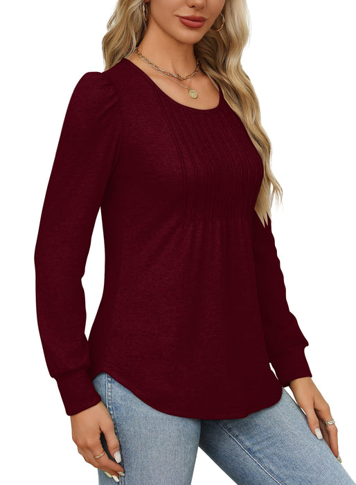 Womens Tops Dressy Casual Long Sleeve Shirts Fall Outfits 2024 Trendy Pleated Tunic Christmas Blouses Soft Wine Red L