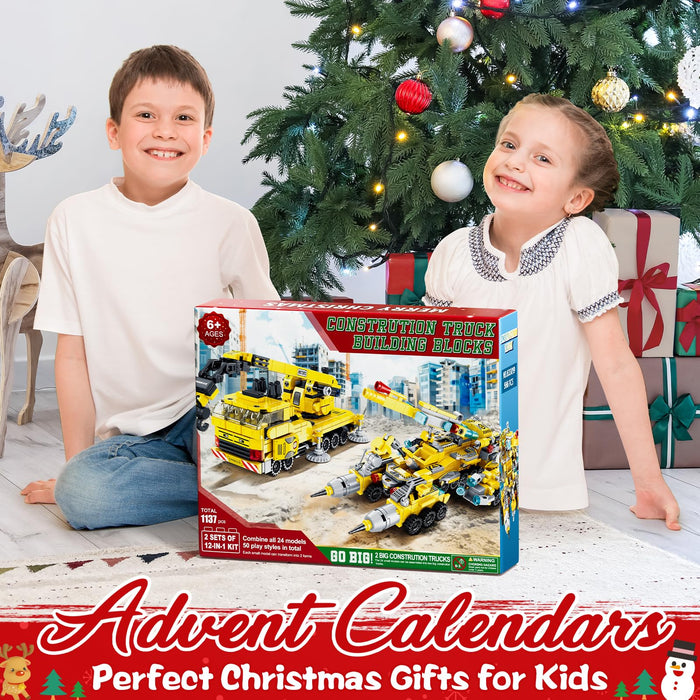 Kids Advent Calendar 2024 for Boys, 24 Days Christmas STEM Construction Vehicles Building Blocks Countdown Calendar Gifts Box with 12-in-1 Engineering Truck Bricks Toys Set for Kids Teens Girls Age 6+