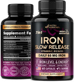 Iron Supplement for Women - Iron 65mg (Ferrous Sulfate 325mg) - Stomach Friendly | Slow Release Iron | High Absorption - Vitamins C, D3, B6, B12 & Folate - Iron Level & Energy Support - 60 Capsules