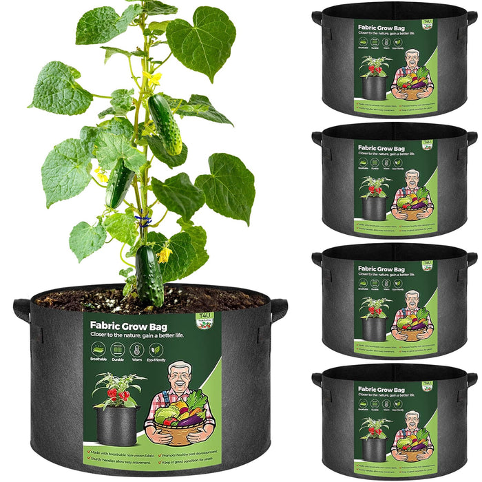 T4U Fabric Plant Grow Bags with Handle 15 Gallon Pack of 5, Heavy Duty Nonwoven Smart Garden Pot Thickened Aeration Nursery Container Black for Outdoor Potato, Tomato, Chili, Carrot and Vegetables