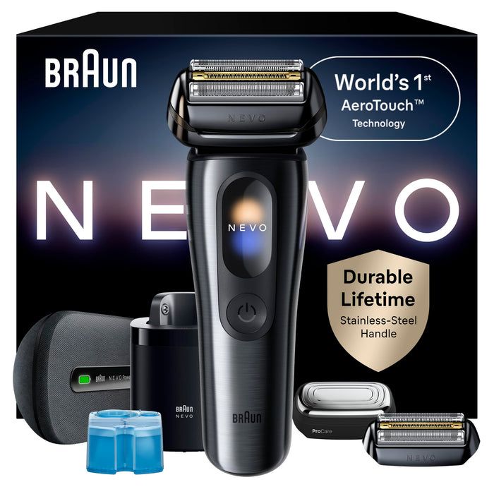 Braun NEVO Men's Electric Shaver with World's 1st AeroTouch Technology, Premium Value Kit with Power Travel Case, Blade Refill Head, ProCare Attachment, Braun's Best Electric Razor for Men, 17610C