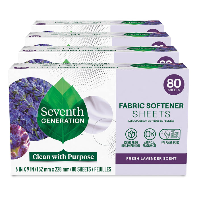 Seventh Generation Dryer Sheets Fabric Softener Fresh Lavender Scent with 100% Essential Oils and Botanical Ingredients 80 Sheets (Pack of 4)
