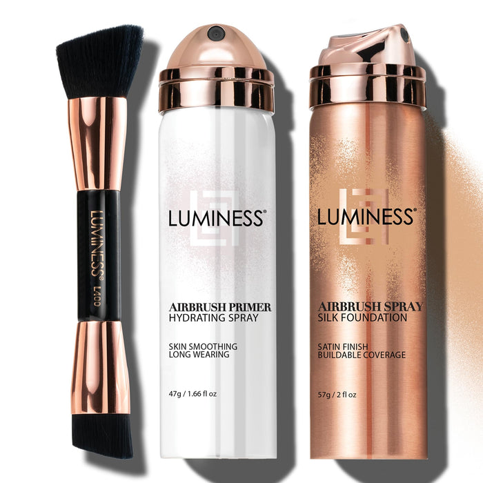 LUMINESS Airbrush Spray Silk Foundation Starter Kit - Medium - Foundation, Primer & Dual-Sided Angled Buffing Brush - Medium, Buildable Coverage, Anti-Aging Formula Hydrates & Moisturizes