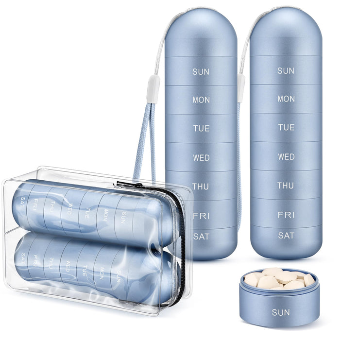 [2 Pack] Zannaki Metal Travel Pill Organizer, Portable Waterproof Weekly Pill Box, Large Aluminum Alloy Pill Case Container, BPA Free 7 Day Daily Medicine Organizer Holder for Vitamin, Supplement