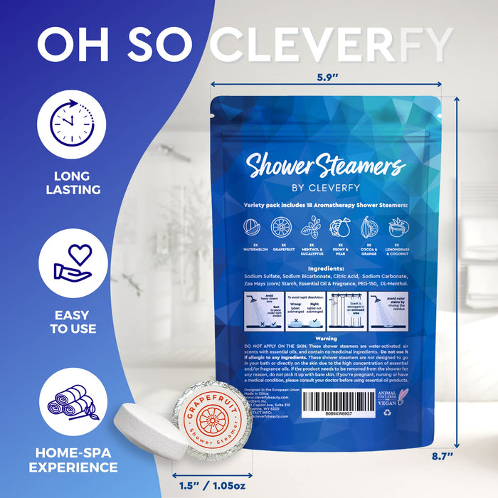 Cleverfy Shower Steamers Aromatherapy - 18 Pack of Shower Bombs with Essential Oils. Personal Care and Relaxation Birthday Gifts for Women and Men. Blue Set