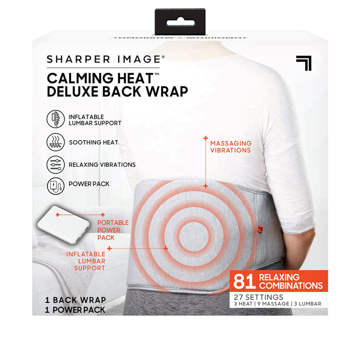 Calming Heat Back Wrap by Sharper Image- Cordless Electric Back Heating Pad, Inflatable Lumbar, Soothing Heat & Vibration- 27 Settings 3 Heat, 9 Vibration, 3 Lumbar Includes Portable Power Pack