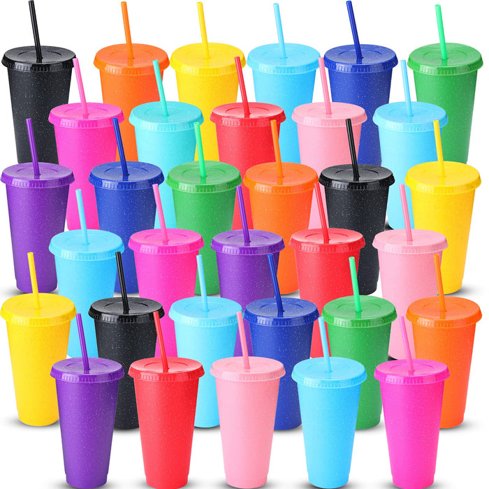 Potchen 72 Pcs Christmas Glitter Reusable Cup with Straws and Lids, Plastic Tumbler with Lids and Straws Bulk Color Party Coffee Cup (710 ml/ 24 oz)