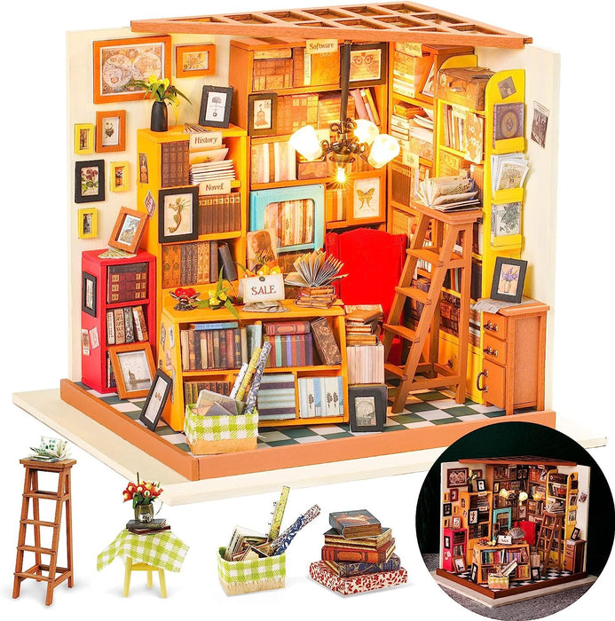 Rolife DIY Miniature House Kit Sam's Study, Tiny House Kit for Adults to Build, Mini House Making Kit with Furnitures, Halloween/Christmas Decorations/Gifts for Family and Friends (Sam's Bookstore)