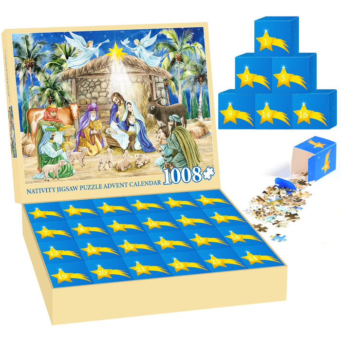 Nativity Puzzle Advent Calendar 2024 Adult,1008pcs Christmas Jigsaw Puzzle for Teens Men Women, 24 Day Christmas Countdown Calendars Xmas Suprise Gift for Family Friends