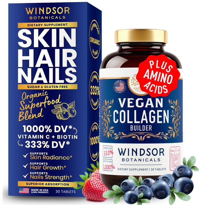 Vegan Collagen Supplements - Plant-Based Collagen Pills for Women and Men - Hair Skin Nails and Joints Collagen Builder Vitamins with Vitamin C and Biotin - 30 Non-GMO Collagen Booster Tablets