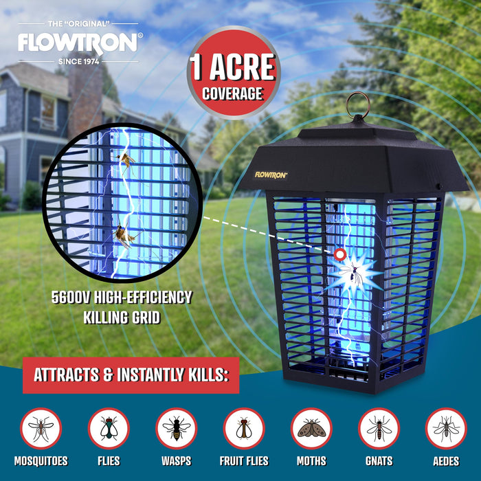 Flowtron Electric Bug Zapper 1 Acre Outdoor Insect Control with Dual Lure Method, 40W UV Light & Octenol Attractant for Fly & Mosquito, 5600V Kill Grid, Made in USA, UL Certified