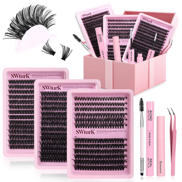 SWturK Lash Clusters Kit DIY 800pcs eyelash extension kit 3 styles 60D+80D+100D 12-20mm D curl with lash bond&seal，Volume Fluffy false eyelashes clusters bulk pack for beginners