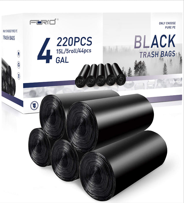 FORID Small Black Trash Bags - 4 Gallon Garbage Bags 220 Counts Strong Plastic Trash Can Liners 15 Liter for Kitchen Bathroom Office Waste Basket - Durable & Thick Trash Bag