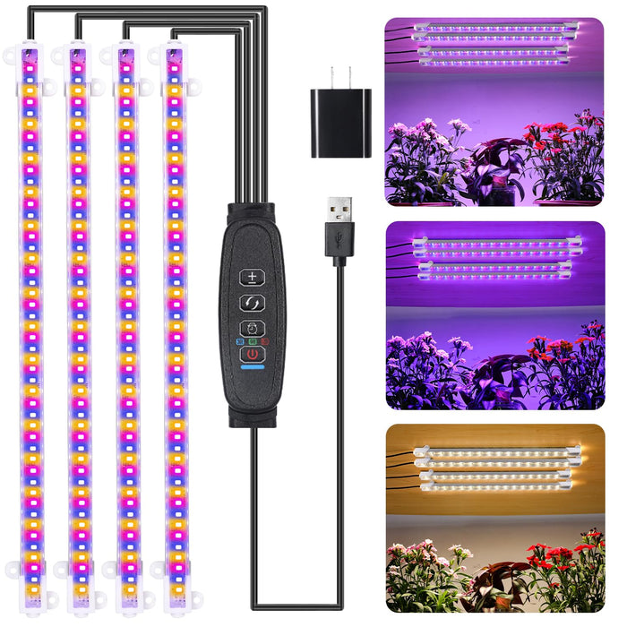 RWNTAO Four Strip Growing Lamp for Indoor Plants, Red & Blue & Yellow Full Spectrum LED Grow Light Strips with Auto ON/Off 3/9/12H Timer,10 Dimmable Levels for Green House Succulent (13 in)