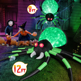 12FT Halloween Inflatables Spider Outdoor Decorations, Giant Blow Up Spider with Flame Lights & Red Glowing Eyes, Large Crawling Green Spider Props for Halloween Party Yard Garden Lawn Roof Decor