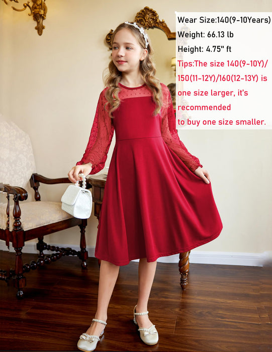 Arshiner Girl's Sheer Mesh Lantern Long Sleeve Red Christmas High Waist Elegant Party Short Dress 8-9 Years