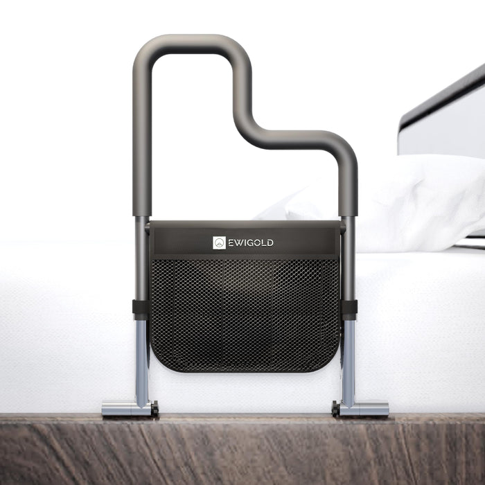 EWIGOLD Dual-Bar Bed Rails for Elderly Adults Safety - Bed Rails with Height-Adjustable Handle - Bed Assist Rail with Storage Pocket - No Installation at All - Fit King, Queen, Full, Twin