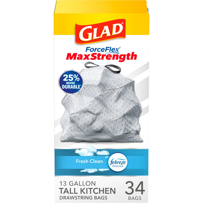 Glad ForceFlex MaxStrength Tall Kitchen Trash Bags, 13 Gal, Fresh Clean, 34 Ct (Package May Vary)