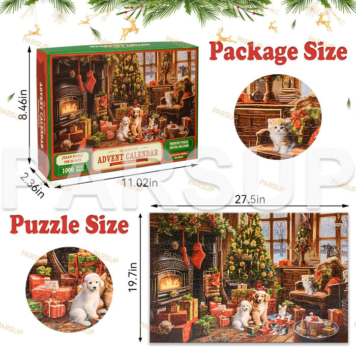 Christmas Advent Calendar 2024 Jigsaw Puzzles - Fireplace 1000 Pieces Holiday Puzzles for Kids and Adults, 27.6 in x 19.7 in, 24 Boxes Puzzle Countdown Calendar to Christmas Family Toys Gift