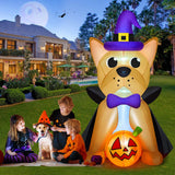 MICOCAH 5 FT Outdoor Halloween Inflatables French Bulldog Wearing Witch Hat & Vampire Cloak Holding Pumpkin, Built-in LEDs Inflatable Dog Halloween Blow Up Decorations for Yard Indoor Party Garden