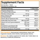 Bronson Super B Vitamin B Complex Sustained Slow Release (Vitamin B1, B2, B3, B6, B9 - Folic Acid, B12) Contains All B Vitamins 120 Tablets